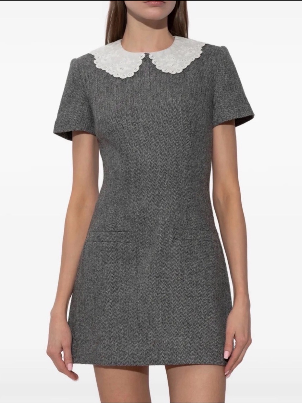 Self-Portrait Grey Herringbone Lace Collar Mini Dress FR 36 US 4 UK 8 Wool Blend